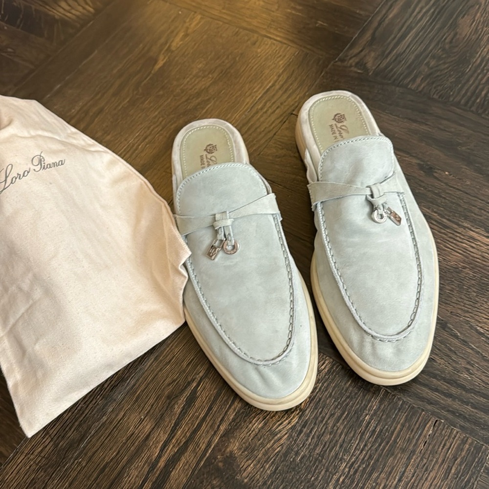 Loro Piana Light Gray Suede Backless Loafer Mules